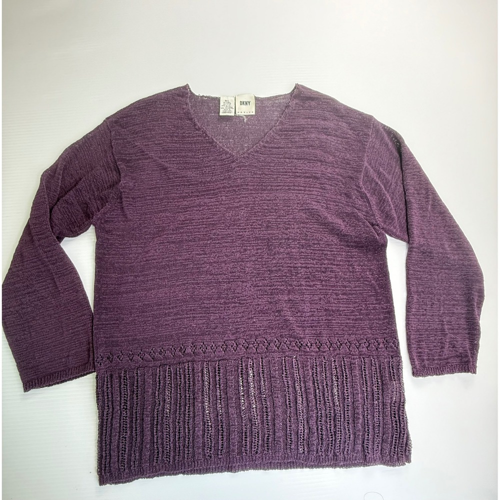 DKNY Petite V Neck Knit Sweater Purple Rayon Blend Women's Size M/L